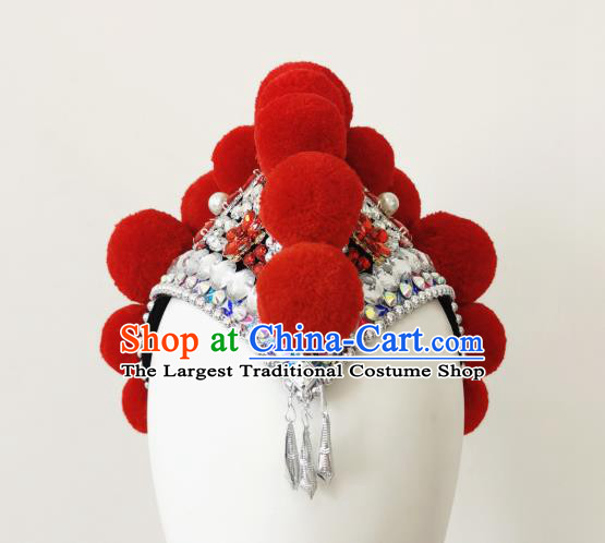 China Folk Dance Hair Accessories Traditional Yi Ethnic Red Cockscomb Hat