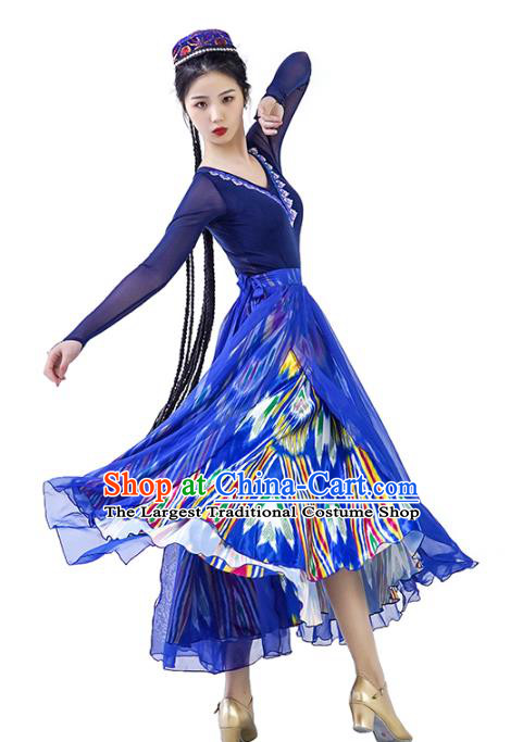 China Traditional Uyghur Nationality Folk Dance Clothing Xinjiang Ethnic Women Dance Blue Dress Outfits and Hat