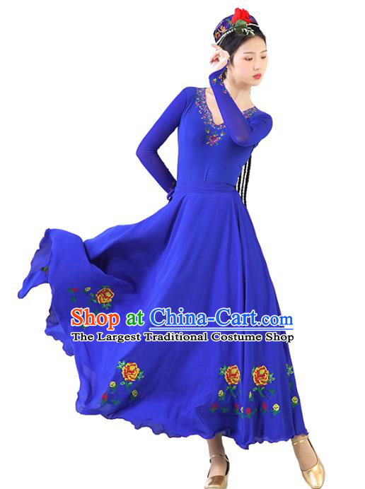 China Ethnic Women Folk Dance Blue Dress and Hat Outfits Traditional Uyghur Nationality Clothing