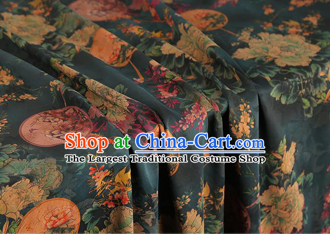 Chinese Atrovirens Gambiered Guangdong Gauze Traditional Cheongsam Silk Fabric Royal Peony Pattern Brocade Drapery