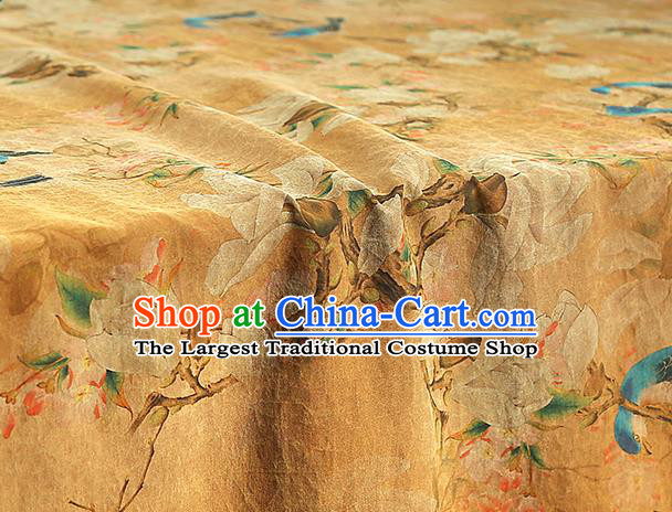 Chinese Orange Gambiered Guangdong Gauze Traditional Silk Fabric Royal Mangnolia Birds Pattern Cheongsam Drapery