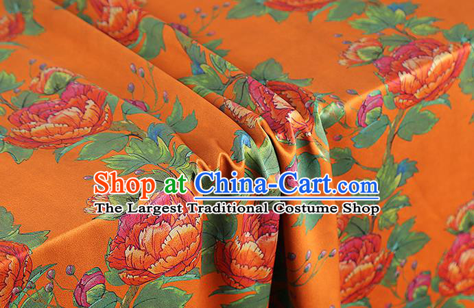 Chinese Traditional Orange Silk Fabric Gambiered Guangdong Gauze Royal Peony Pattern Cheongsam Drapery