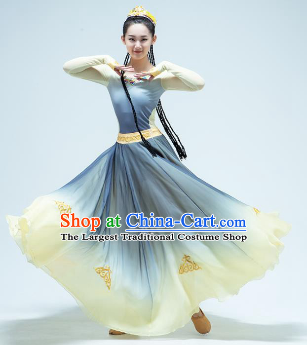 China Uyghur Nationality Dance Blue Dress Traditional Xinjiang Ethnic Stage Performance Clothing
