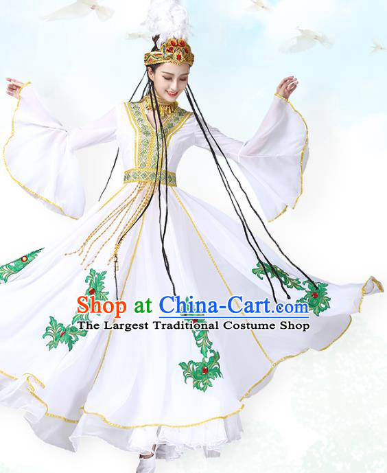 China Traditional Ethnic Dance Clothing Uyghur Nationality Stage Show White Dress and Hat