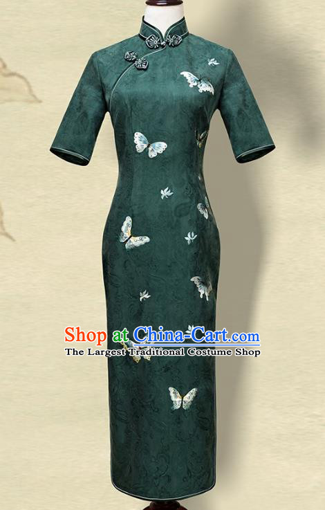 China Embroidery Butterfly Deep Green Silk Qipao Dress Traditional Embroidered Cheongsam Costume