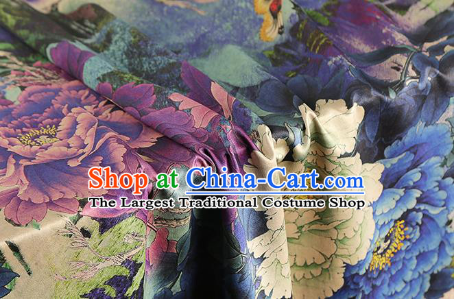 Chinese Printing Brocade Cloth Drapery Gambiered Guangdong Gauze Traditional Cheongsam Royal Purple Peony Pattern Silk Fabric