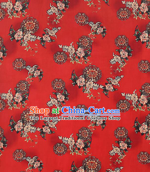 Chinese Traditional Cheongsam Silk Fabric Red Brocade Cloth Classical Peony Pattern Gambiered Guangdong Gauze Drapery