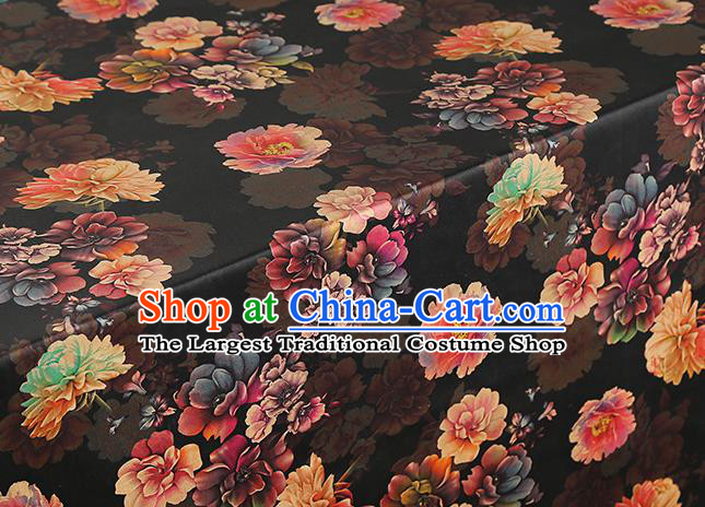 Chinese Traditional Brocade Cloth Classical Peony Pattern Gambiered Guangdong Gauze Drapery Cheongsam Black Silk Fabric