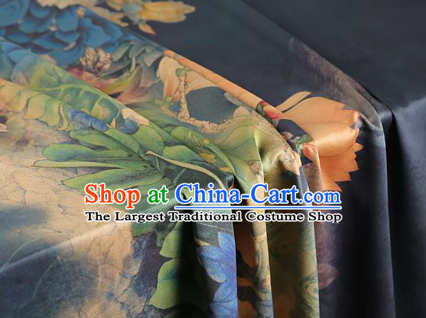 Chinese Traditional Navy Blue Brocade Drapery Cheongsam Silk Fabric Classical Peony Pattern Gambiered Guangdong Gauze