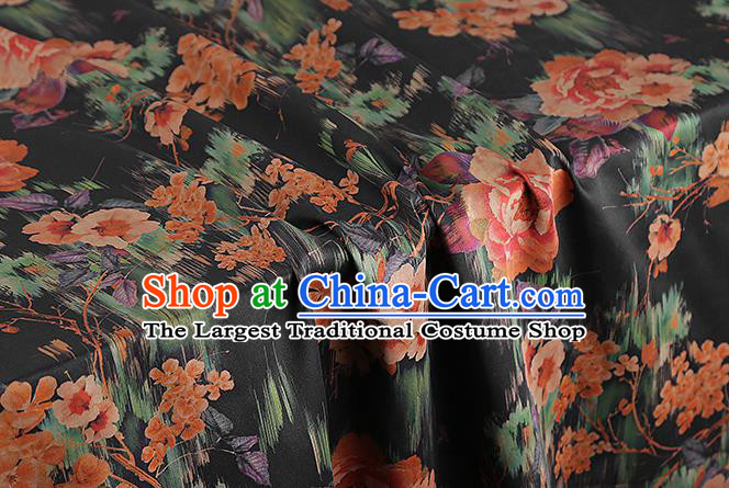 Chinese Traditional Black Brocade Drapery Cheongsam Silk Fabric Classical Roses Pattern Gambiered Guangdong Gauze