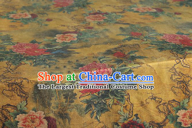 Chinese Classical Peony Pattern Yellow Brocade Fabric Cheongsam Silk Drapery Traditional Gambiered Guangdong Gauze Cloth