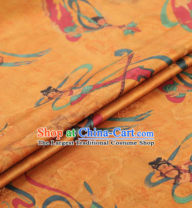 Chinese Traditional Cheongsam Gambiered Guangdong Gauze Yellow Brocade Fabric Classical Flying Apsaras Pattern Silk Drapery