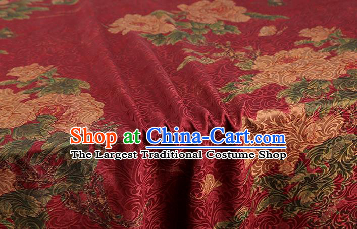 Chinese Traditional Red Brocade Drapery Cheongsam Gambiered Guangdong Gauze Classical Peony Pattern Silk Fabric