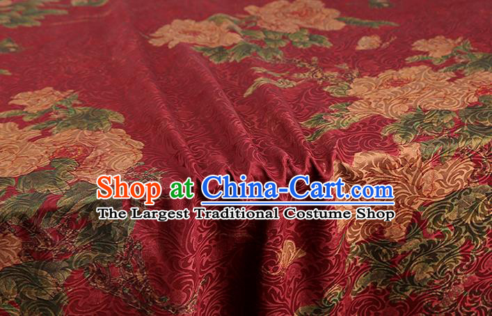 Chinese Traditional Red Brocade Drapery Cheongsam Gambiered Guangdong Gauze Classical Peony Pattern Silk Fabric