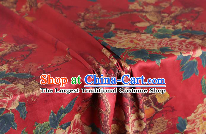 Chinese Traditional Gambiered Guangdong Gauze Cheongsam Silk Fabric Classical Peony Plum Pattern Red Brocade Drapery