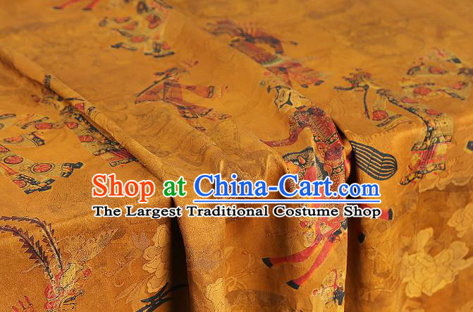 Chinese Traditional Yellow Gambiered Guangdong Gauze Classical Shadow Puppetry Pattern Brocade Drapery Cheongsam Silk Fabric