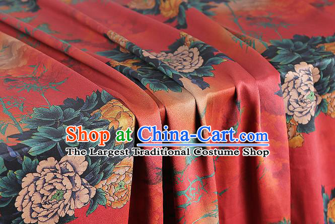 Chinese Classical Peony Bamboo Pattern Silk Drapery Traditional Cheongsam Brocade Fabric Red Gambiered Guangdong Gauze