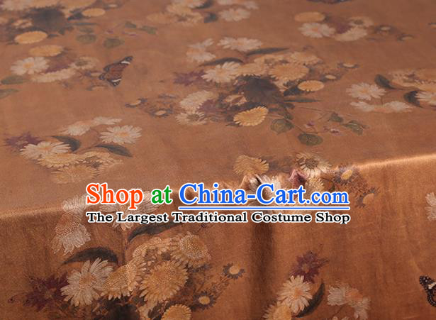 Chinese Classical Chrysanthemum Pattern Brown Silk Drapery Gambiered Guangdong Gauze Traditional Cheongsam Brocade Fabric