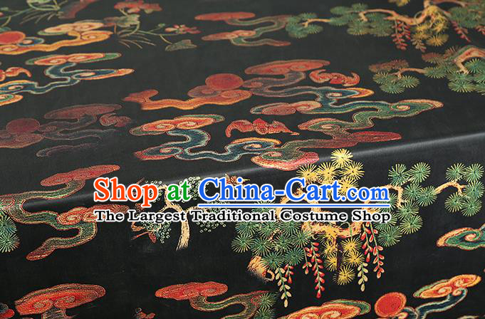 Chinese Cheongsam Black Brocade Fabric Classical Gambiered Guangdong Gauze Traditional Cloud Pine Pattern Silk Drapery