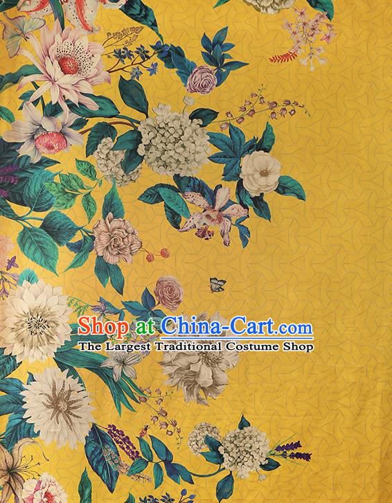 Chinese Traditional Flowers Pattern Silk Drapery Classical Gambiered Guangdong Gauze Cheongsam Yellow Brocade Fabric