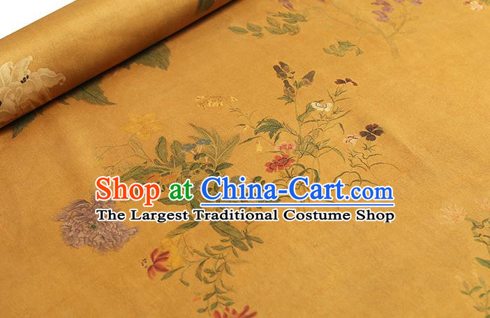 Chinese Classical Flowers Pattern Silk Drapery Traditional Golden Brocade Qipao Dress Satin Fabric