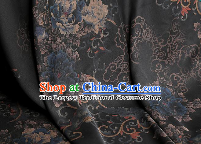 Chinese Classical Peony Pattern Silk Drapery Traditional Qipao Dress Black Gambiered Guangdong Gauze Fabric