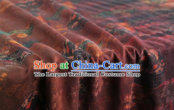 Chinese Classical Cranes Pattern Silk Fabric Gambiered Guangdong Gauze Traditional Qipao Dress Maroon Brocade Cloth