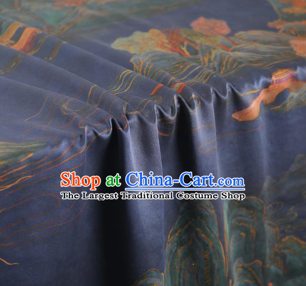 Chinese Traditional Blue Gambiered Guangdong Gauze Qipao Dress Cloth Classical Landscape Pattern Silk Fabric