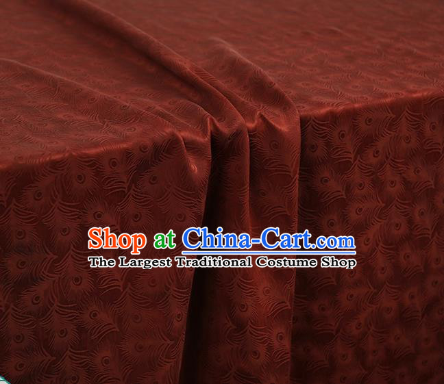 Chinese Classical Feather Pattern Rust Red Silk Fabric Traditional Gambiered Guangdong Gauze Qipao Dress Jacquard Satin Cloth