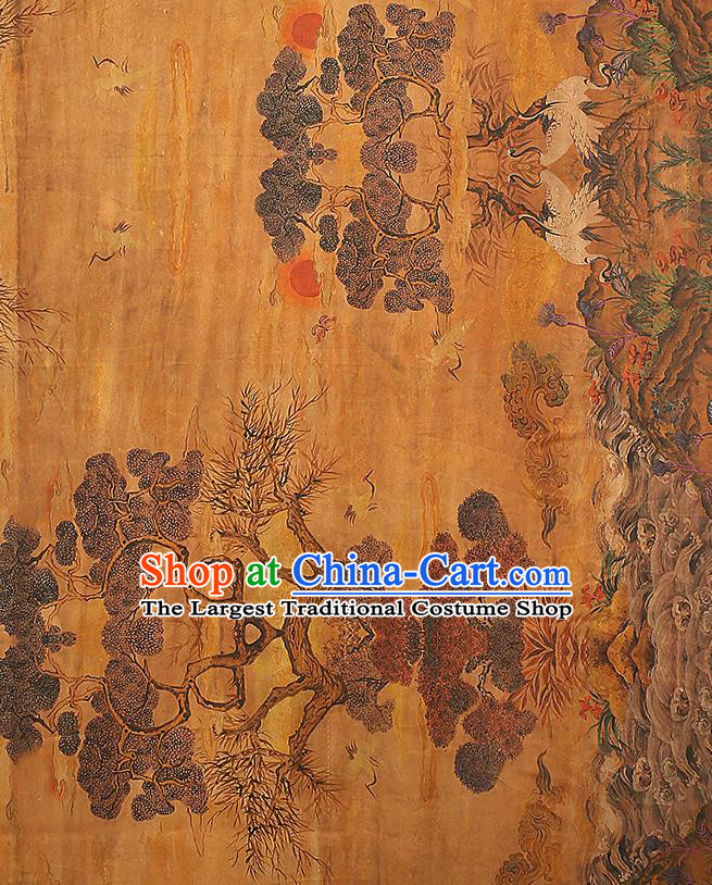Chinese Qipao Dress Classical Pine Crane Pattern Silk Fabric Gambiered Guangdong Gauze Traditional Ginger Brocade Cloth