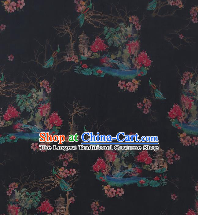 Chinese Traditional Peacock Peony Pattern Silk Fabric Black Gambiered Guangdong Gauze Classical Qipao Dress Material