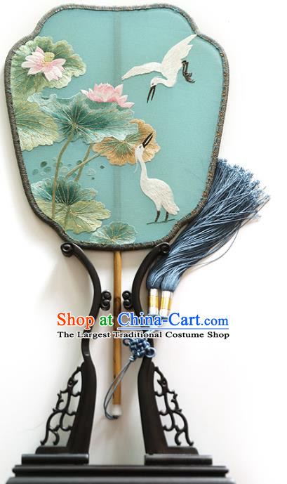 China Handmade Embroidered Crane Lotus Fans Ancient Princess Palace Fan Traditional Hanfu Green Silk Fan