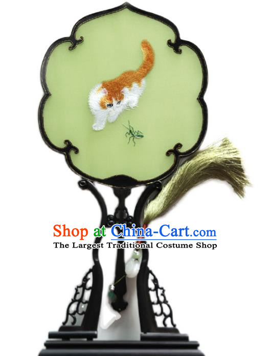 China Ancient Princess Palace Fan Traditional Hanfu Green Silk Fan Handmade Embroidered Cat Fan