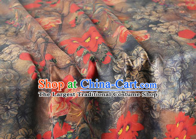 Chinese Classical Red Flowers Pattern Gambiered Guangdong Gauze Traditional Qipao Dress Grey Silk Fabric