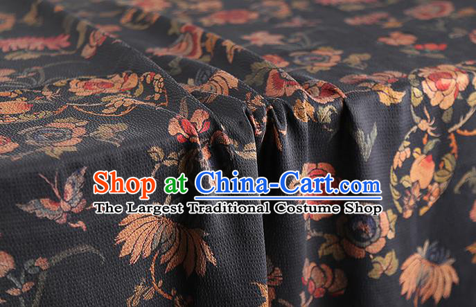 Chinese Chrysanthemum Pattern Black Gambiered Guangdong Gauze Traditional Qipao Dress Cloth Classical Silk Fabric