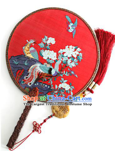 China Traditional Hanfu Red Silk Palace Fan Ancient Princess Circular Fan Handmade Wedding Embroidered Phoenix Peony Fans