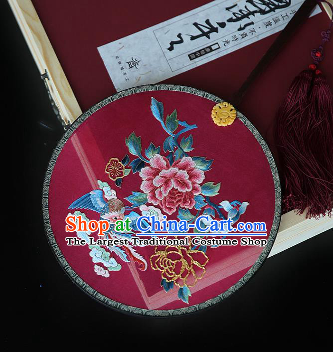 China Handmade Embroidered Phoenix Peony Circular Fans Traditional Hanfu Palace Fan Ancient Court Princess Wine Red Silk Fan