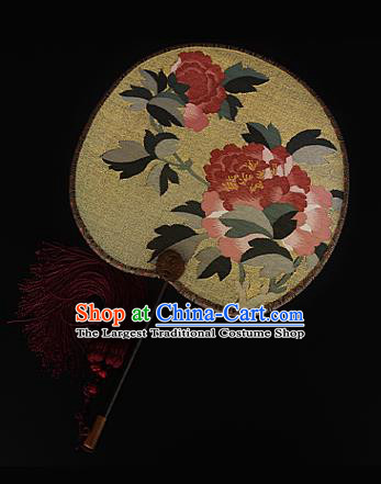 China Peony Pattern Yellow Silk Fan Traditional Hanfu Palace Fan Handmade Ebony Fans