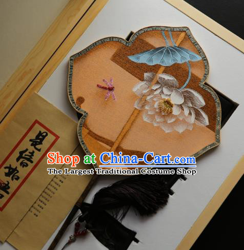 China Painting Lotus Orange Silk Fan Traditional Hanfu Palace Fan Handmade Ebony Fans