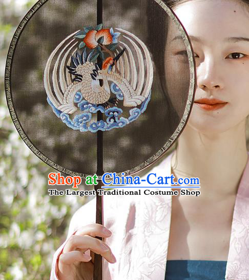 China Traditional Hanfu Palace Fan Embroidered Crane Black Silk Fan Handmade Rosewood Circular Fans