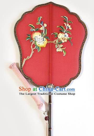 China Handmade Fans Traditional Hanfu Red Silk Fan Wedding Embroidered Peach Palace Fan