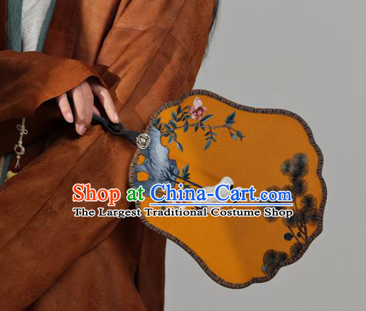 China Traditional Hanfu Orange Silk Palace Fan Handmade Embroidered Pine Crane Fans Ancient Court Princess Fan