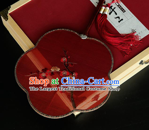 China Ancient Court Princess Palace Fan Handmade Embroidered Plum Blossom Fans Traditional Hanfu Red Silk Fan