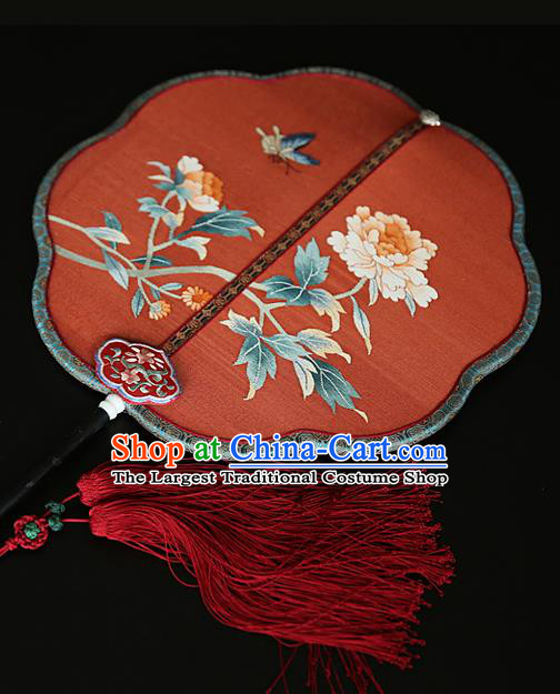 China Handmade Peony Pattern Palace Fan Wedding Red Silk Fan Traditional Court Hanfu Fan