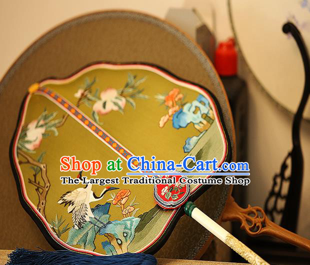 China Wedding Yellow Silk Fan Handmade Palace Fan Traditional Court Hanfu Embroidered Crane Fan