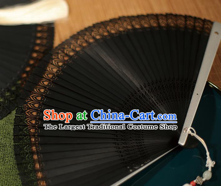 China Traditional Carving Fan Accordion Classical Folding Fan Black Bamboo Fans