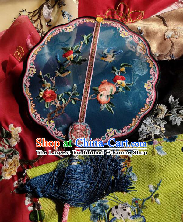 China Traditional Court Hanfu Fan Handmade Embroidered Pomegranate Palace Fan Wedding Blue Silk Fan