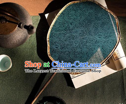 China Handmade Song Dynasty Hanfu Bamboo Circular Fan Traditional Peacock Blue Silk Palace Fan