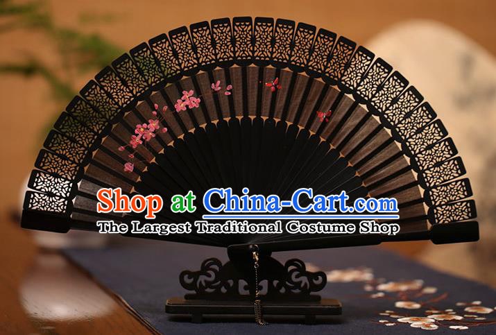 China Folding Fan Classical Fans Printing Flowers Black Fan Traditional Sandalwood Accordion