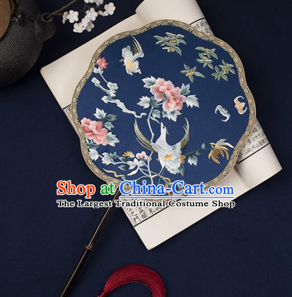 China Handmade Embroidered Phoenix Peony Palace Fan Princess Mottled Bamboo Fan Traditional Hanfu Blue Silk Fan